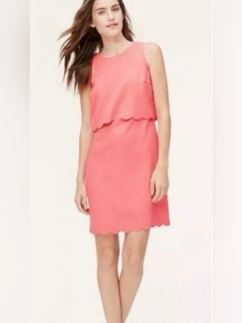 LOFT Size 0 Petite Coral Sleeveless Scalloped Hem Overlay Shift Dress NEW!